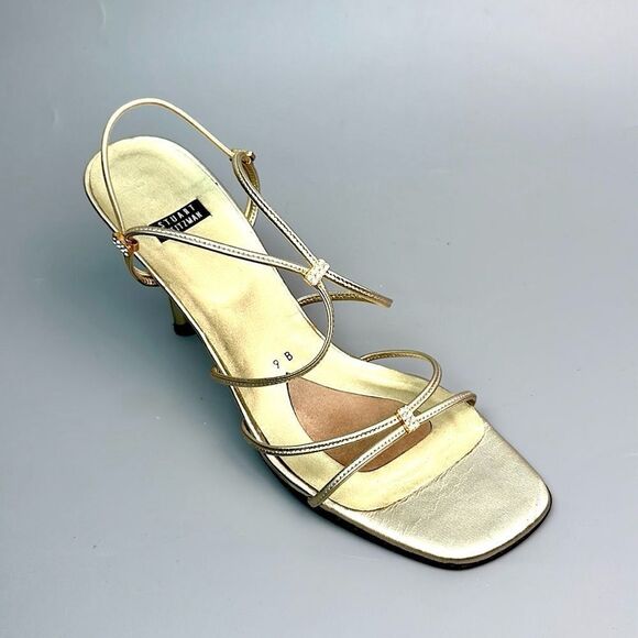 Stuart Weitzman Gold Strappy Heeled Sandals with Rhinestone Details US 9 - Picture 3 of 13